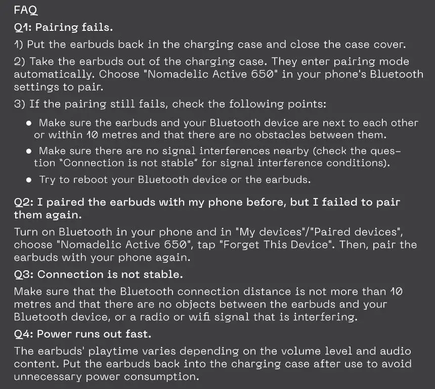 Nomadelic 23905 Active 650 True Wireless Sport Earbuds User Manual - Troubleshooting