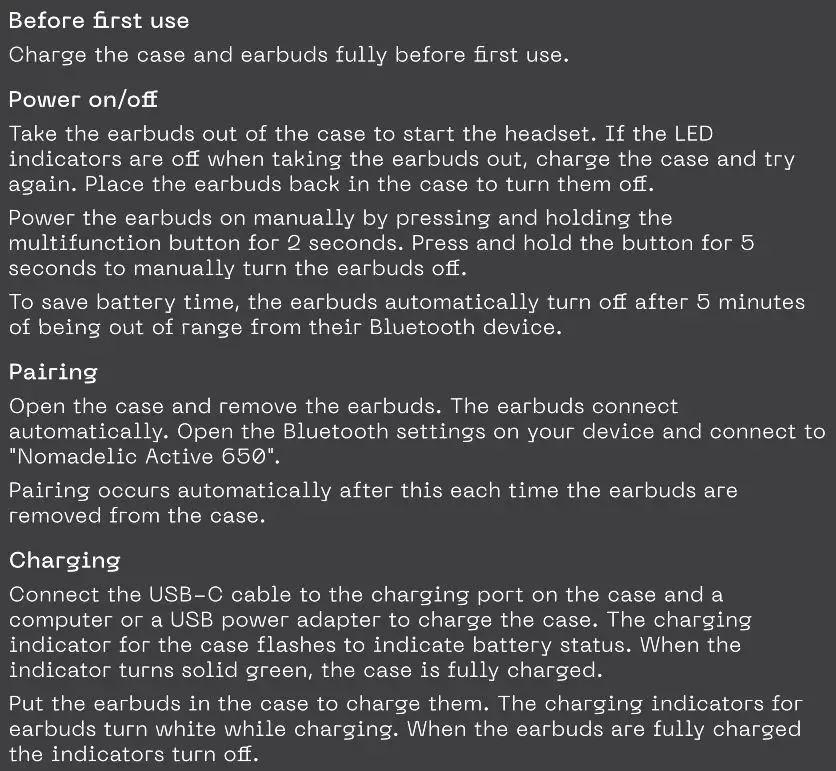 Nomadelic 23905 Active 650 True Wireless Sport Earbuds User Manual - USE