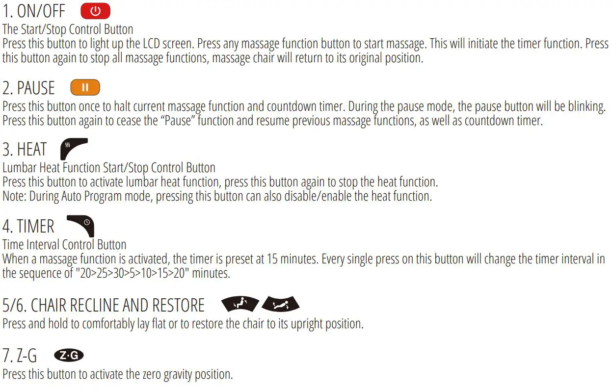 Brookstone BK-250 Chair User Manual - Button Overview