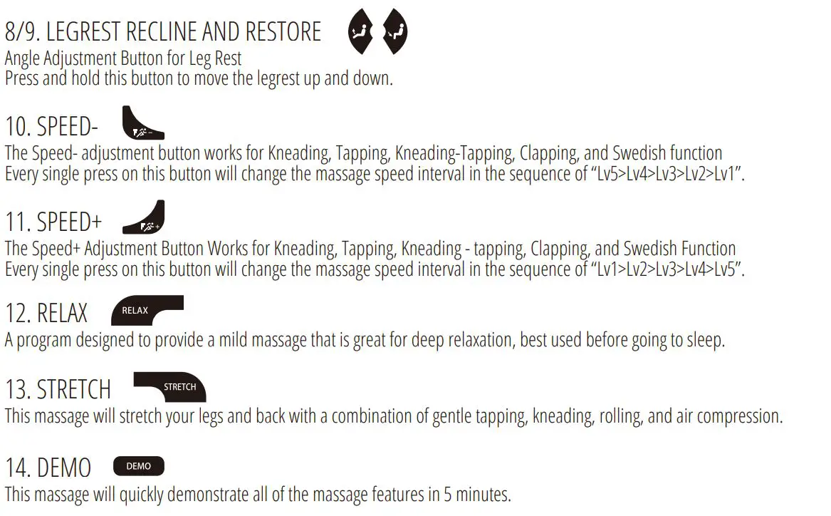 Brookstone BK-250 Chair User Manual - Button Overview