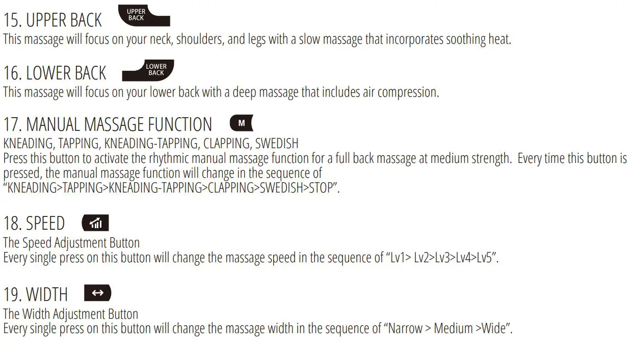 Brookstone BK-250 Chair User Manual - Button Overview