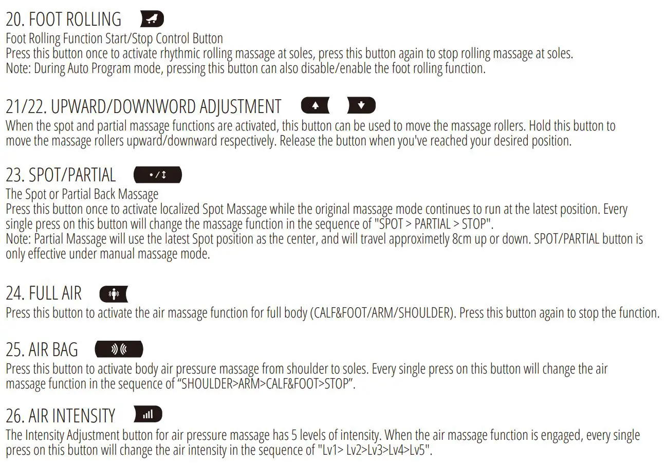 Brookstone BK-250 Chair User Manual - Button Overview