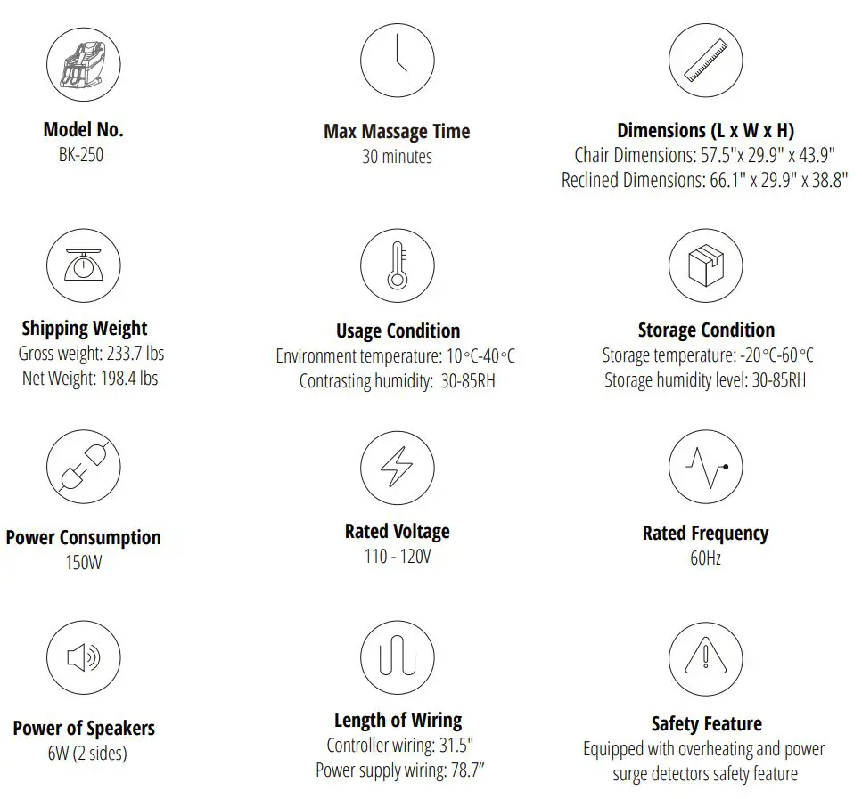 Brookstone BK-250 Chair User Manual - CHAIR SPECIFICATIONS