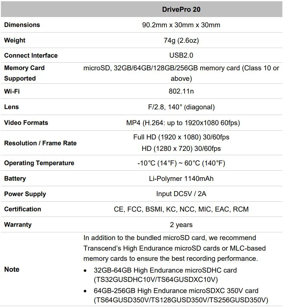 Transcend DrivePro 20 Motocycle Dashcam User Manual - Specifications