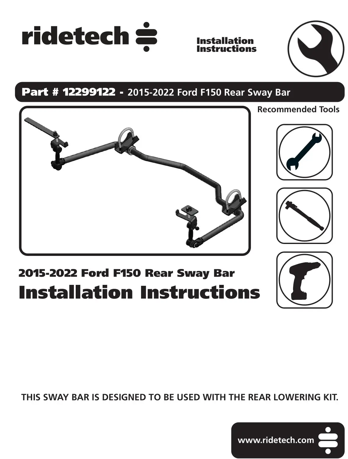 ridetech 12299122 2015-2022 Ford F150 Rear Sway Bar Instruction Manual