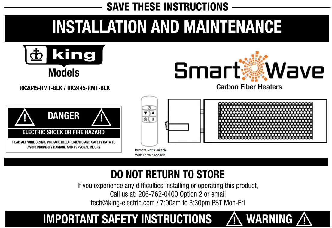 king RK2045-RMT-BLK SmartWave Triple Bulb Carbon Fiber Radiant Heater Instruction Manual