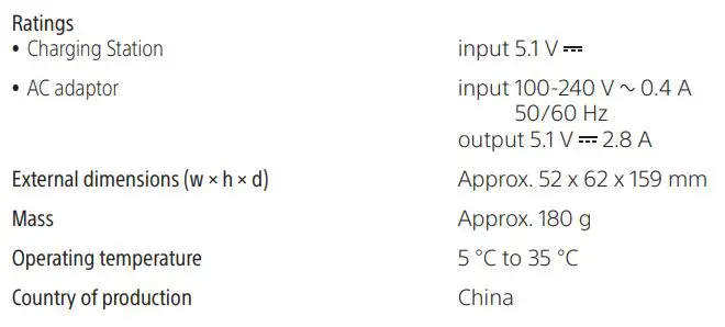 SONY DualSense Charging Station Instruction Manual - Specifications