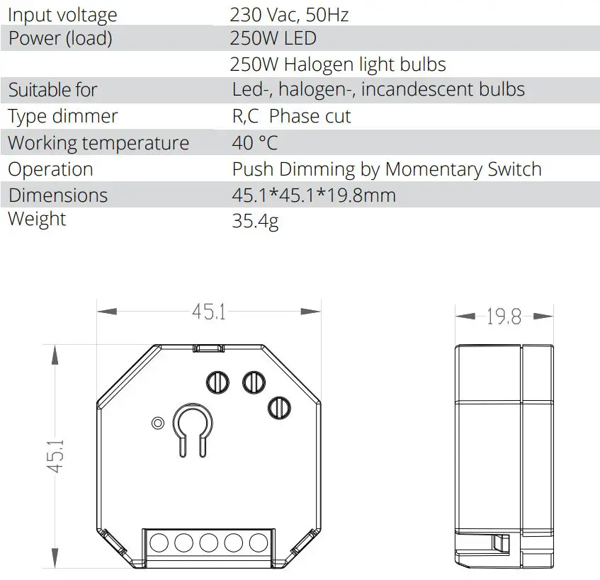 EcoDim Eco-Dim.10 Zigbee 250W Smart LED Dimmer User Manual - Specifications