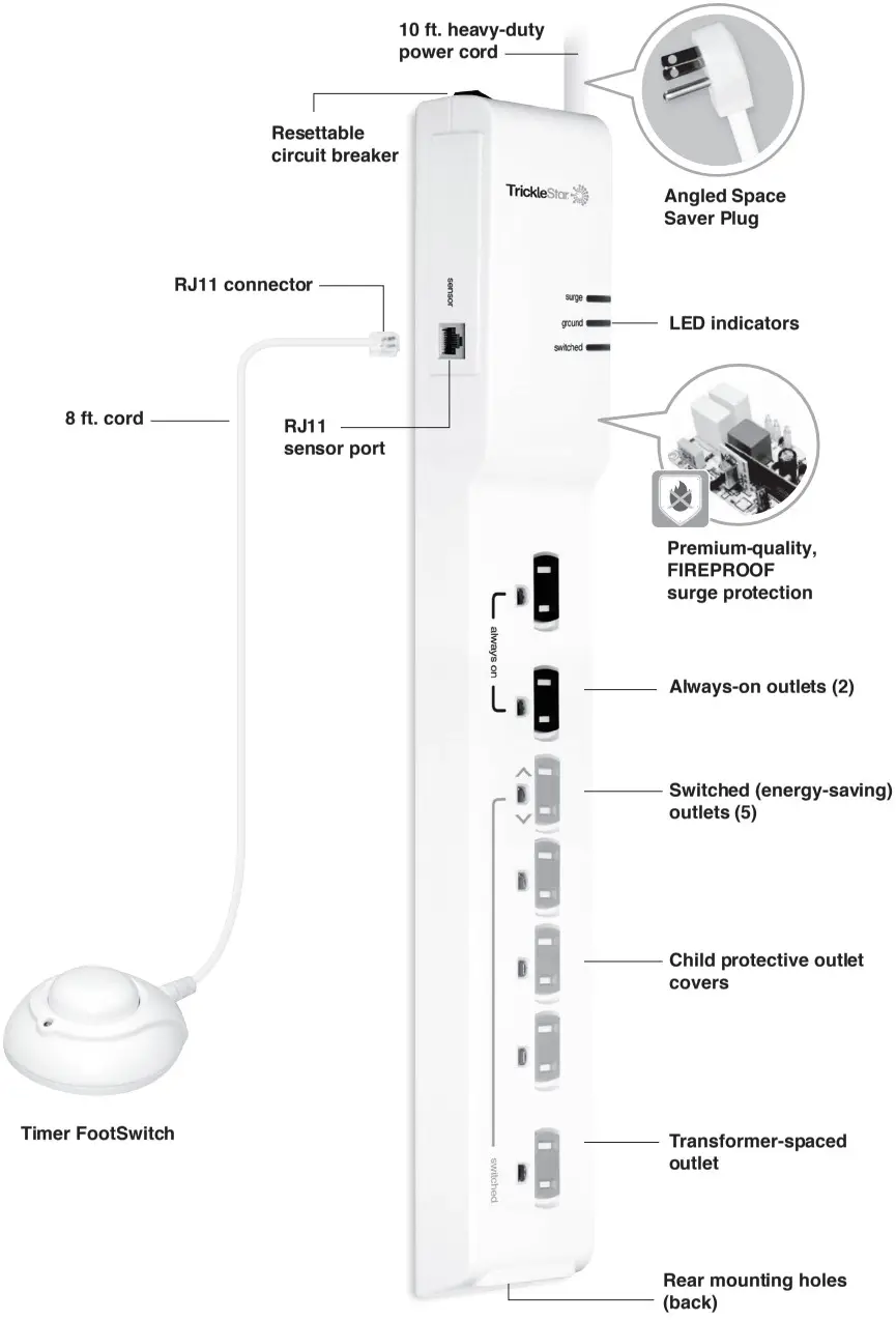 TrickleStar TS1803TF Advanced PowerStrip with Timer Foot Switch