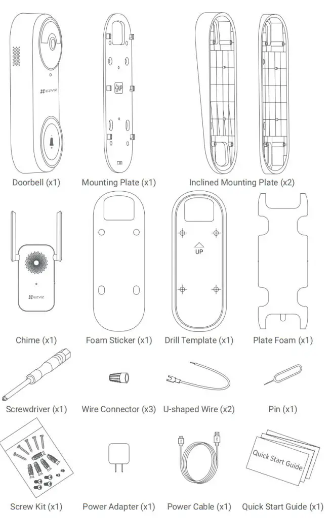 EZVIZ DB2-CHIME Smart Wi-Fi Doorbell with Chime - Package Contents