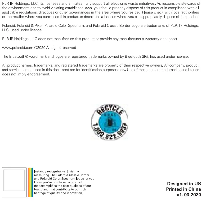 Polaroid PBT9518 Wireless LED Speaker Instruction Manual - Recycle