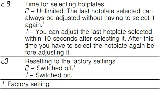 BOSCH PKF375FP2E Stainless Steel Domino Hob User Manual - Overview of the basic settings