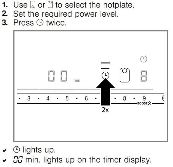 BOSCH PKF375FP2E Stainless Steel Domino Hob User Manual - Setting the cooking time