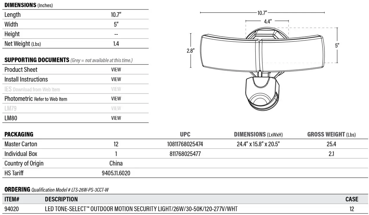 PQL 94020 LED Tone Select Outdoor Motion Security Light User Guide - Adjustable Lighting Direction