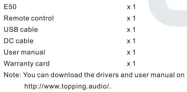 TOPPING E50 Cheap Digital-to-Analog Converter User Manual - Contents list