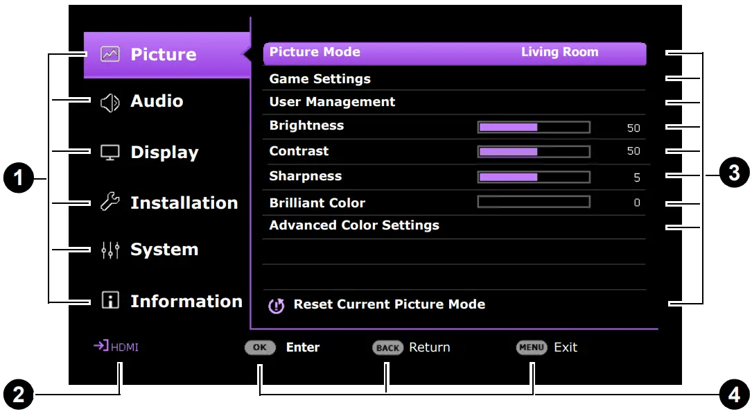BenQ TK700 Digital Projector - Advanced OSD menu