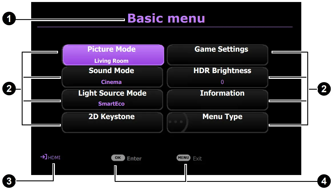 BenQ TK700 Digital Projector - Basic OSD menu