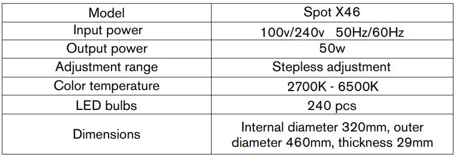 ozone SPOTX46 46cm Adjustable LED Ring Spotlight User Guide - TECHNICAL data