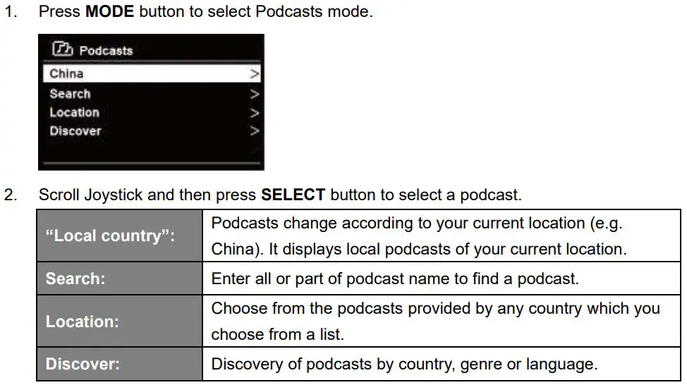 REVO B00GA0805G Internet DAB DAB+ and FM Digital Radio with Bluetooth Instruction Manual - PODCASTS