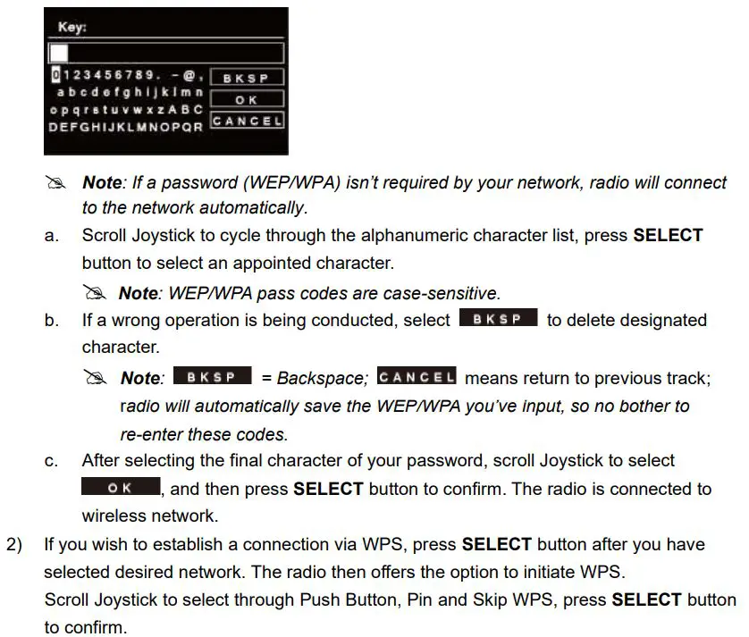 REVO B00GA0805G Internet DAB DAB+ and FM Digital Radio with Bluetooth Instruction Manual - Scroll Joystick and then press SELECT button to select a wireless network you wanted