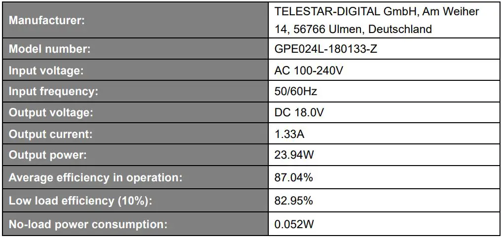 REVO B00GA0805G Internet DAB DAB+ and FM Digital Radio with Bluetooth Instruction Manual - Technical Data of the supplied Power Supply