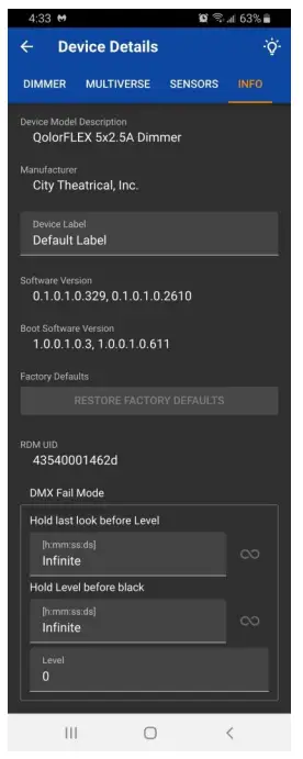 CITY THEATRICAL 5943 QolorFLEX 5x2 5A 24GHz Multiverse Dimmer - app