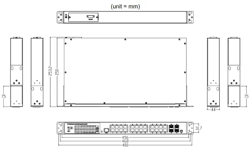 D-Link DIS-700G-28SW Industrial Layer 2+ Gigabit Managed Switch with SFP Slots - Dimensions