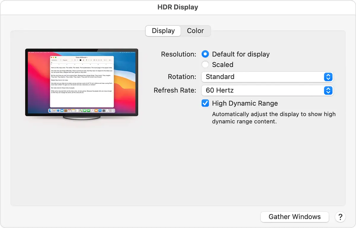 External HDR display preferences window