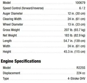 FIG 88 Snowblower Specifications