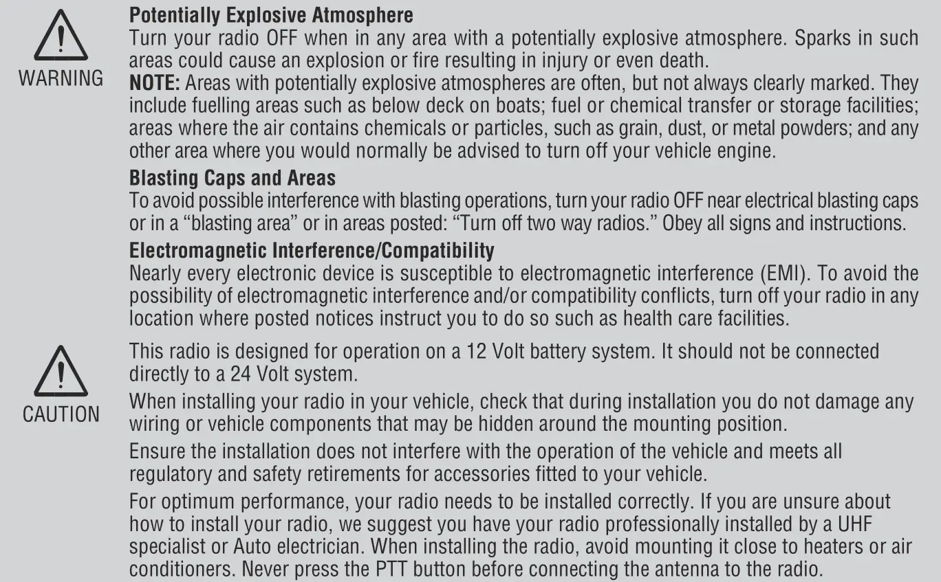 oricom UHF025 Compact 5 Watt UHF CB Radio - Warnings and Safety Information