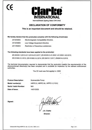 Clarke HIPPO 2 Submersible Pump - CONFORMITY