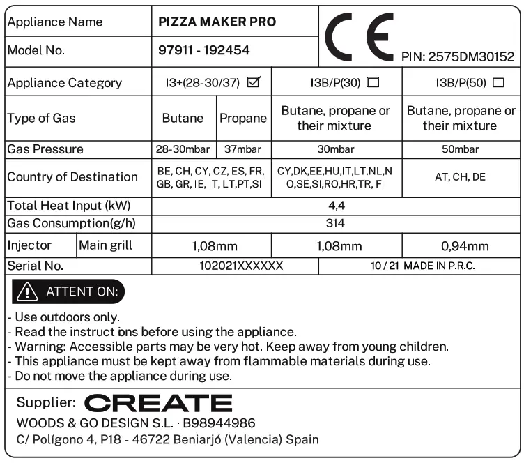 CREATE Pizza Maker Pro Gas Portable Oven - MODEL
