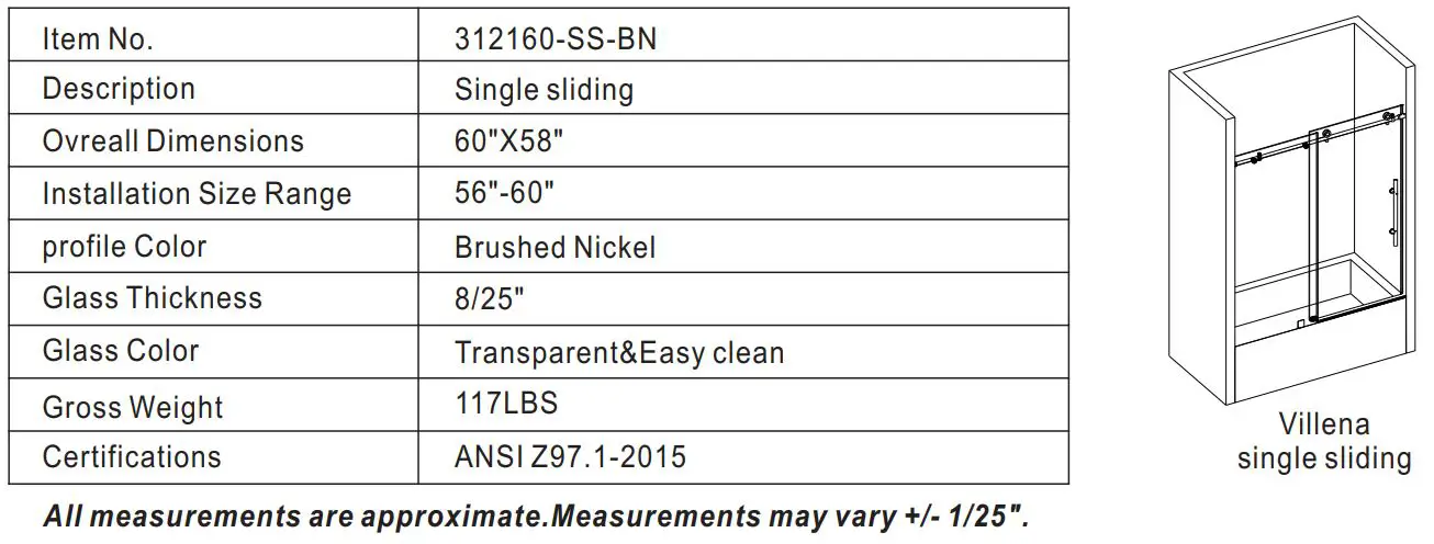 VINNOVA 312160-SS-BN Single Sliding Frameless Tub Door Instruction Manual - INSTALLATION SPECIFICATION