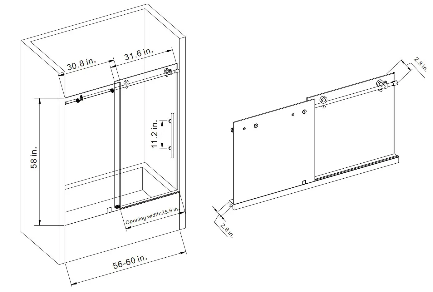 VINNOVA 312160-SS-BN Single Sliding Frameless Tub Door Instruction Manual - INSTALLATION SPECIFICATION
