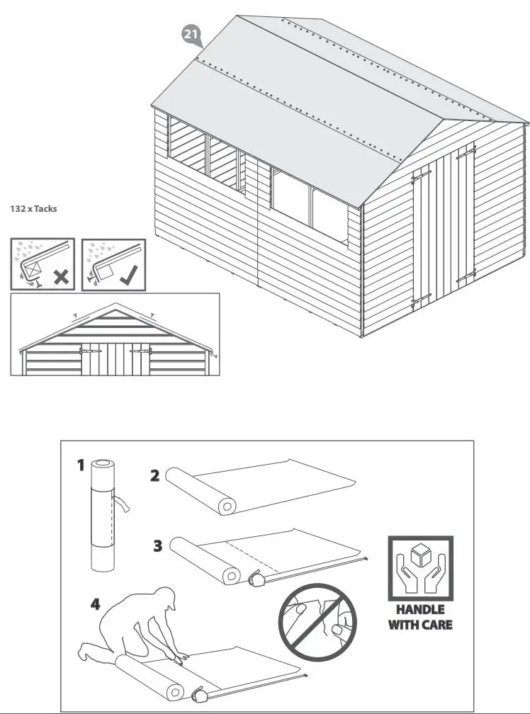 Mercia Garden Overlap Apex Shed Instruction Manual - Cut out three strips of 3204mm felt and place onto the roof.