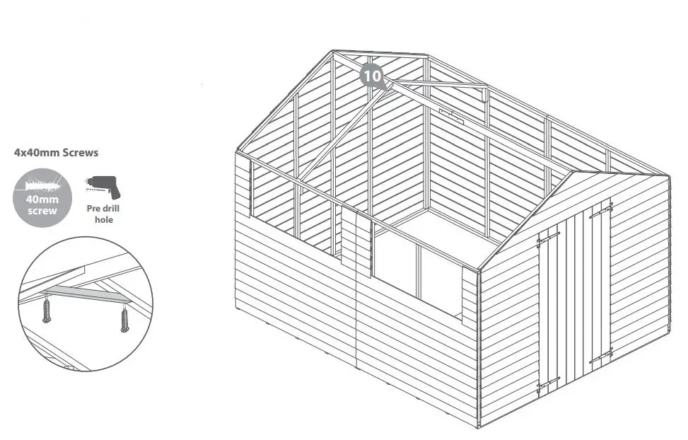 Mercia Garden Overlap Apex Shed Instruction Manual - Fix a Truss support between the two truss frames and x in place using 40mm screws