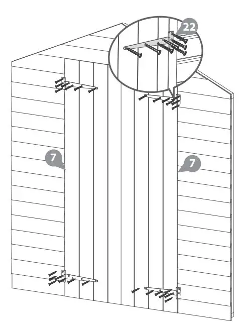 Mercia Garden Overlap Apex Shed Instruction Manual - Fix the T Hinges onto the doors and door frame as shown