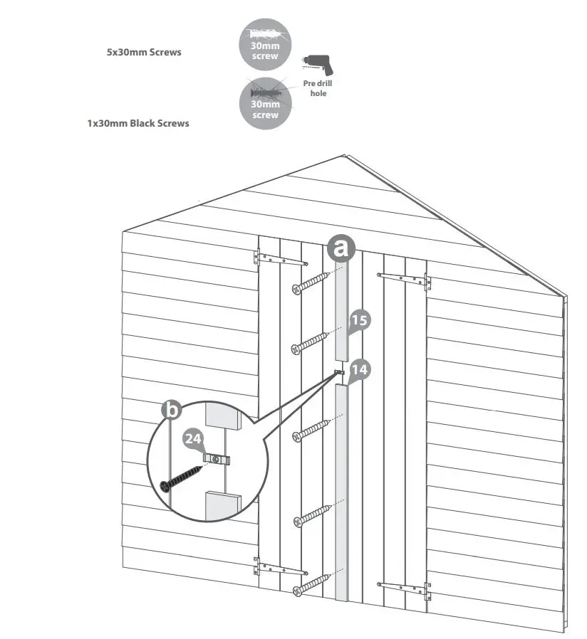 Mercia Garden Overlap Apex Shed Instruction Manual - Fix the door strips to the master door using 5x30mm screws.