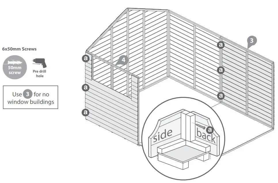 Mercia Garden Overlap Apex Shed Instruction Manual - Fix the remaining plain side and a window side at the corners with 50mm screws as shown in diagram.