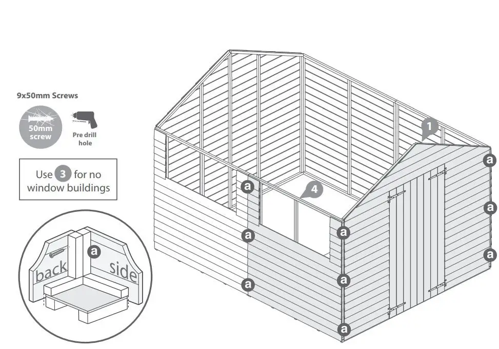 Mercia Garden Overlap Apex Shed Instruction Manual - Fix the remaining window side and the door gable at the corners with 50mm screws as shown in diagram.