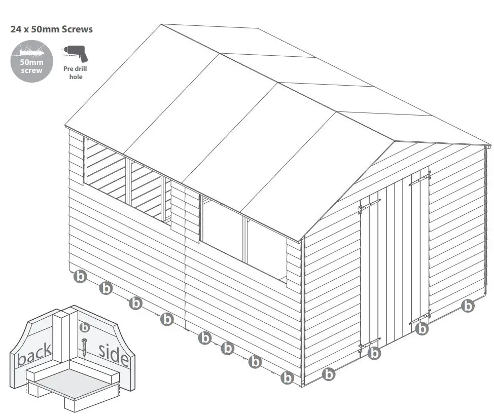 Mercia Garden Overlap Apex Shed Instruction Manual - Once the roof is fixed attach the building to the floor with 50 mm screws.