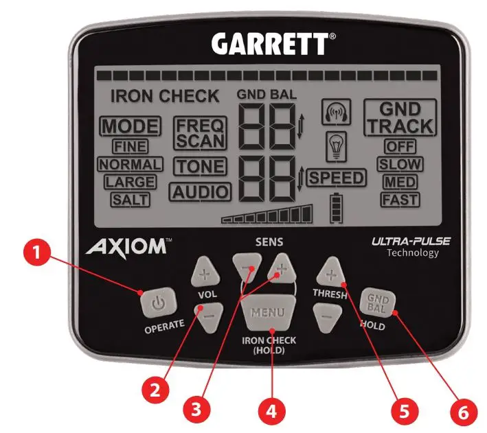 GARRETT 1557400 Axiom Gold Detector User Guide - CONTROLS