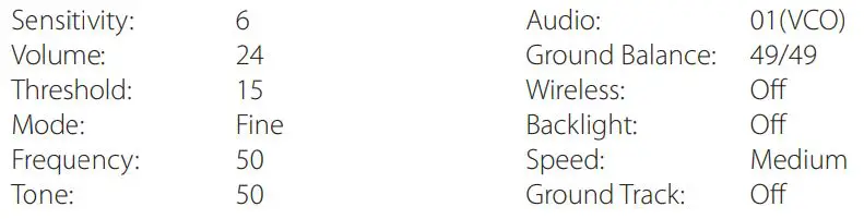 GARRETT 1557400 Axiom Gold Detector User Guide - FACTORY DEFAULT SETTINGS