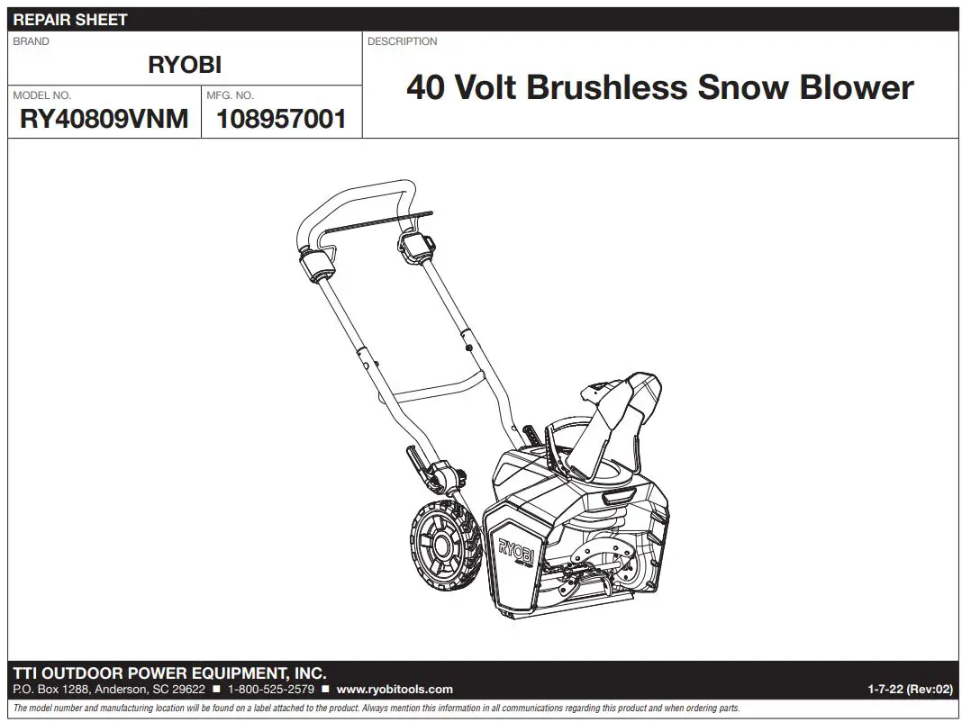 RYOBI RY40809VNM 40 Volt Brushless Snow Blower Instruction Manual