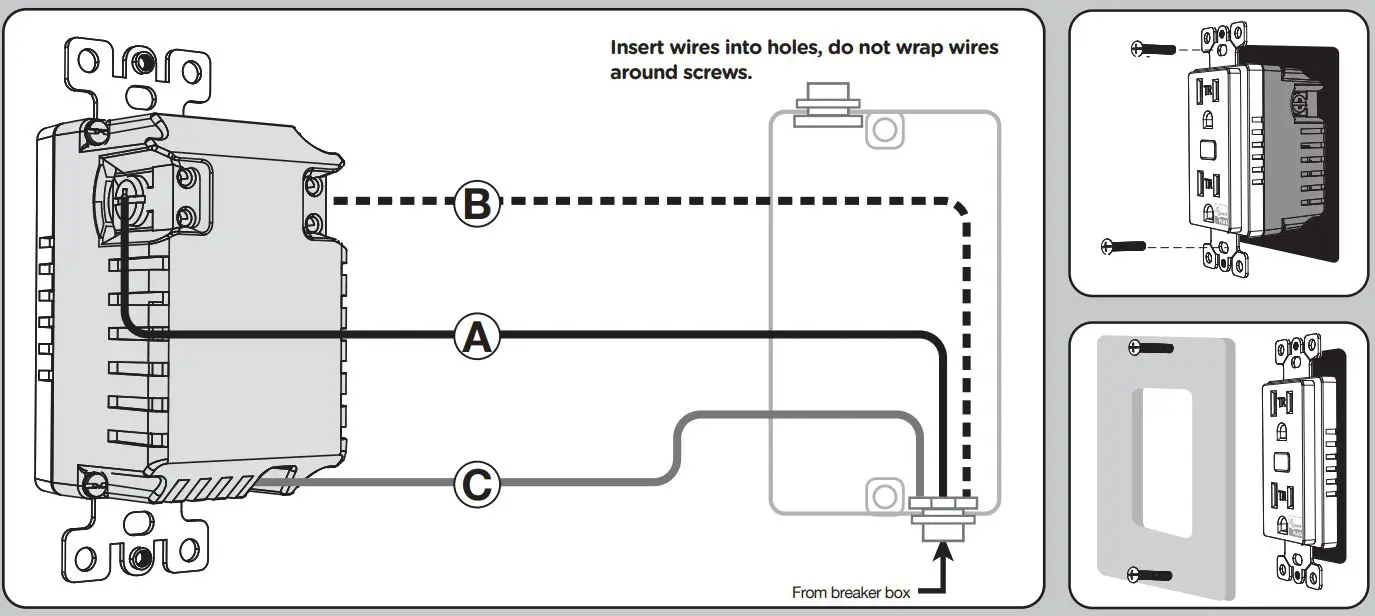 JASCO ZW1002 In-Wall Tamper-Resistant Smart Outlet User Guide - Insert wires into holes, do not wrap wires around screws