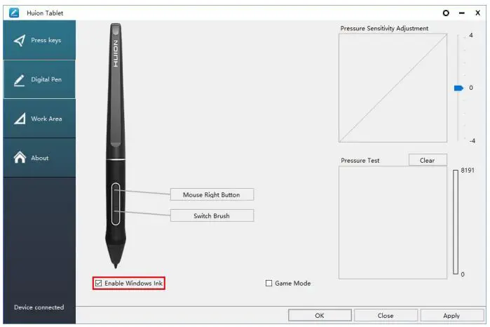 HUION KAMVAS 13 GS1331 User Manual - Enable the Windows Ink feature