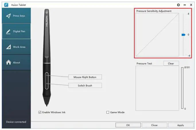 HUION KAMVAS 13 GS1331 User Manual - Pressure Sensitivity Setting