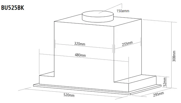 caple BU525BK Built Under Cooker Hood - PRODUCT DIMENSIONS