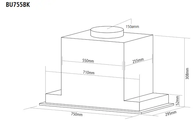 caple BU525BK Built Under Cooker Hood - PRODUCT DIMENSIONS5