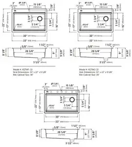Kraus Ripiano Series KGTW1-33 Top Mount Kitchen Sinks - Dimensions